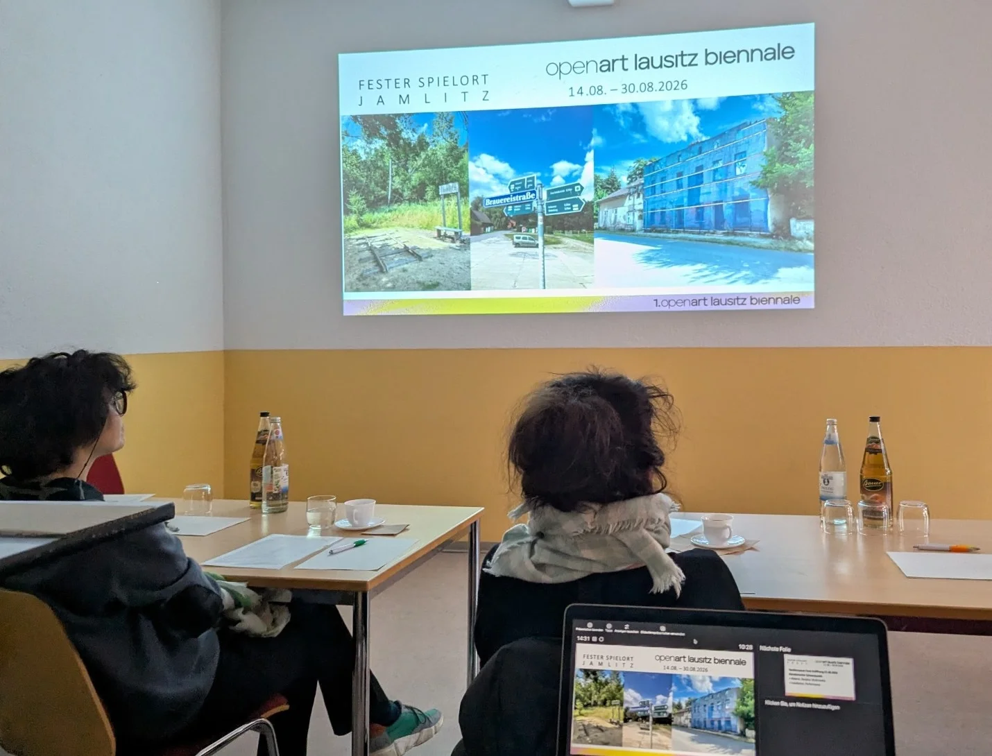 Die Kuratorin Michaela van den Driesch stellt Mitgliedern der Jury die Ausstellungsorte vor.